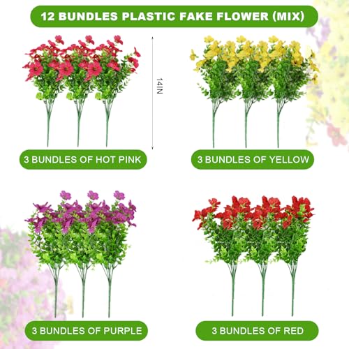 ADXORA 12 Bundles Artificial Flowers,Faux Plants for Spring Summer Decoration, UV Resistant Colorful Violets Eucalyptus for Outside Home Planter Porch Patio Yard Decor - Image 3
