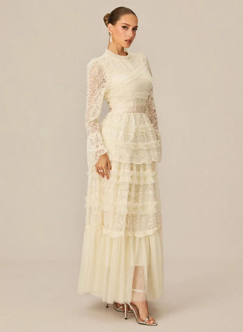 Sunfere Alluring Love White Lace Tiered Maxi Dress