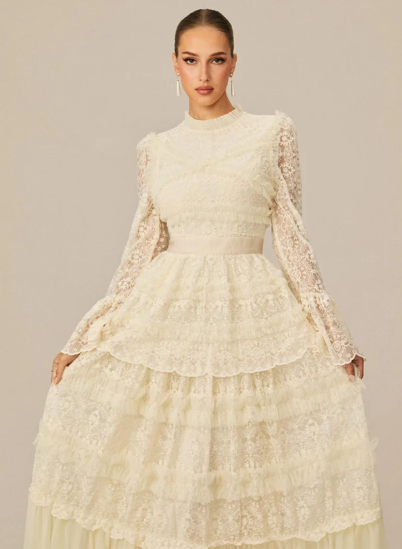 Sunfere  Alluring Love White Lace Tiered Maxi Dress for Women | Best Price UAE