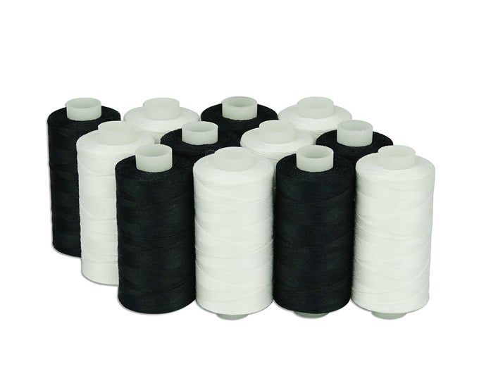 simthread 6 White 6 Black 100% Cotton Sewing Thread 50s/3 for Quilting etc 550 Yards Each - Image 1