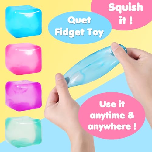 FauKait 4pack Stress Cube Squishy Stress Balls for Adults Kids Fidget Toy for Your Best Mellow and Chill -Ice Cubes-Square Shape with Filling in Pink Blue Purple Green -Age 3 to Adult(4pcs Cube) - Image 2
