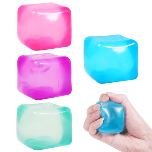 FauKait 4pack Stress Cube Squishy Stress Balls for Adults Kids Fidget Toy for Your Best Mellow and Chill -Ice Cubes-Square Shape with Filling in Pink Blue Purple Green -Age 3 to Adult(4pcs Cube) - Image 1