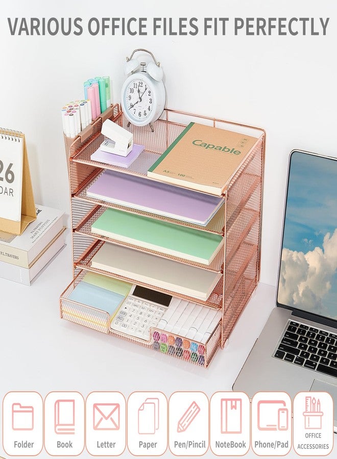 LEKETREE Desk Organizer and Accessories, 5-Tier Paper Letter Tray Organizer with Drawer & 2 Pen Holders for Desktop File Organization, Office Desk Accessories for Supplies Storage (Rose Gold) - Image 4