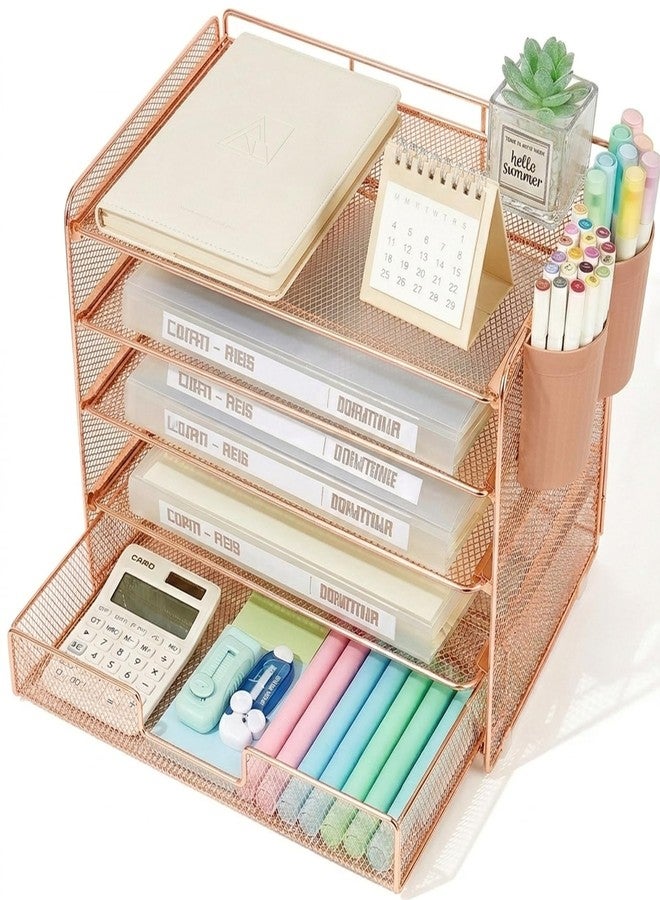 LEKETREE Desk Organizer and Accessories, 5-Tier Paper Letter Tray Organizer with Drawer & 2 Pen Holders for Desktop File Organization, Office Desk Accessories for Supplies Storage (Rose Gold) - Image 1