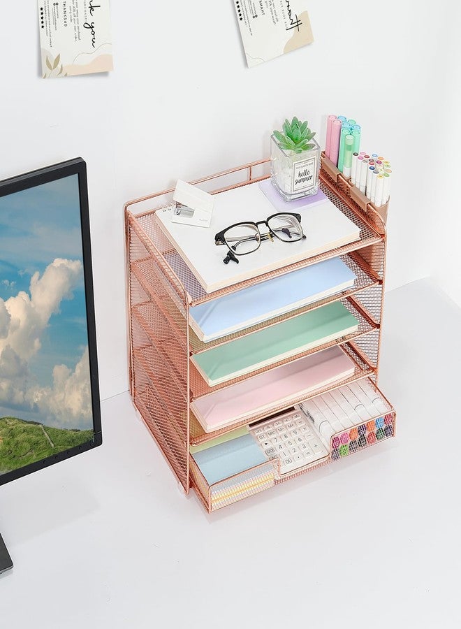 LEKETREE Desk Organizer and Accessories, 5-Tier Paper Letter Tray Organizer with Drawer & 2 Pen Holders for Desktop File Organization, Office Desk Accessories for Supplies Storage (Rose Gold) - Image 3