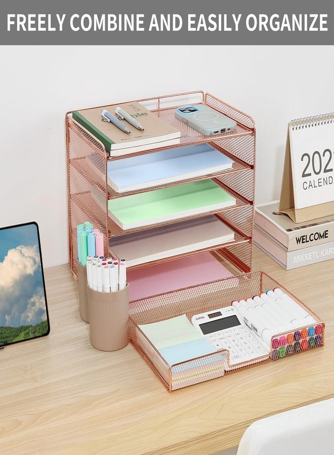 LEKETREE Desk Organizer and Accessories, 5-Tier Paper Letter Tray Organizer with Drawer & 2 Pen Holders for Desktop File Organization, Office Desk Accessories for Supplies Storage (Rose Gold) - Image 5