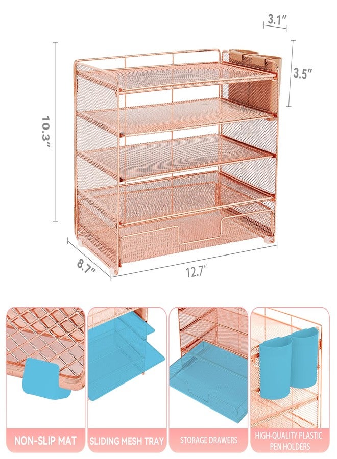 LEKETREE Desk Organizer and Accessories, 5-Tier Paper Letter Tray Organizer with Drawer & 2 Pen Holders for Desktop File Organization, Office Desk Accessories for Supplies Storage (Rose Gold) - Image 2