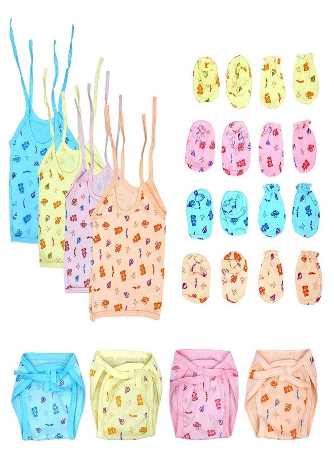 Bigbought® New Born Baby Care Cloth Set Combo (Pack Of 16, Jhabla, Nappy, Mittens And Booties, Hosiery Material, Random Printed (Multicolor) (Assorted), Medium - Image 1