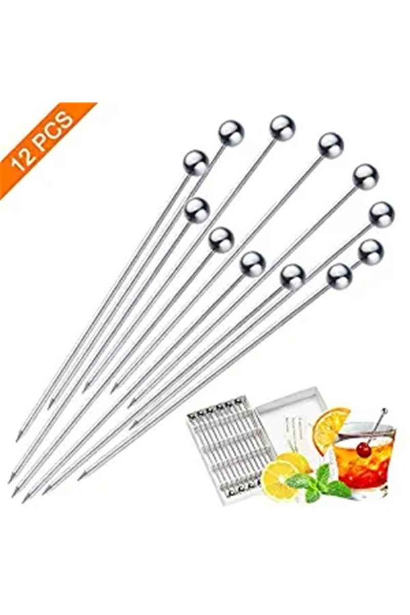 Silver 12Pcs Stainless Steel Cocktail Picks Fruit Sticks,Toothpicks for Party Bar Tools Drink Stirri