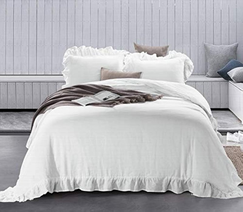meadow park 100% Stone Washed French Linen Duvet Cover Set 3 Pieces - Super Soft, King Size 104 inches x 92 inches, Shams 20 inches x 36 inches, Ruffled Style - Button Closure - Corner Ties, White - Image 1