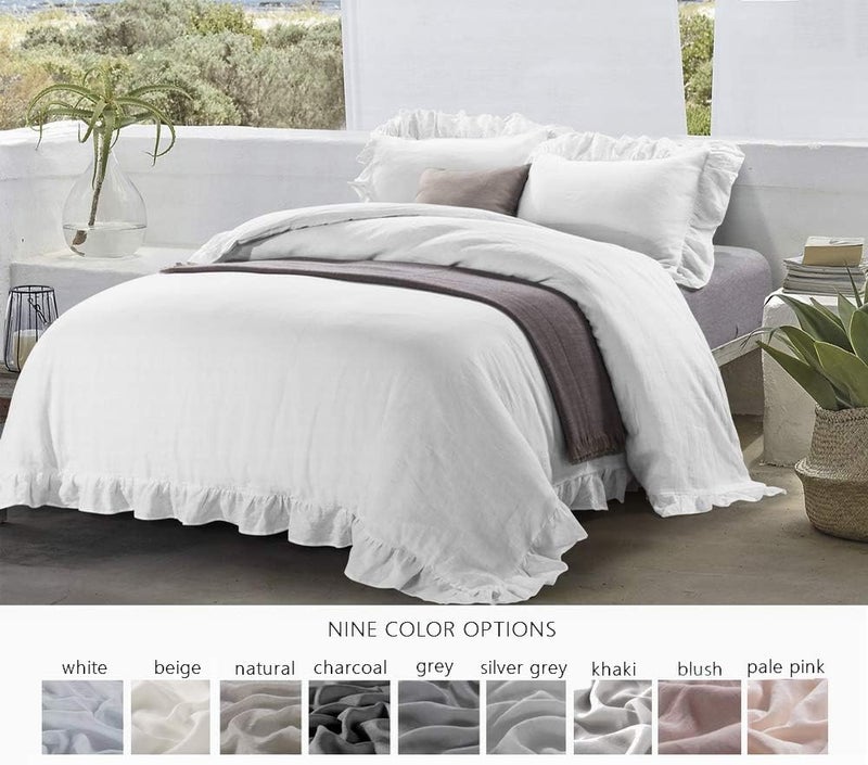 meadow park 100% Stone Washed French Linen Duvet Cover Set 3 Pieces - Super Soft, King Size 104 inches x 92 inches, Shams 20 inches x 36 inches, Ruffled Style - Button Closure - Corner Ties, White - Image 3