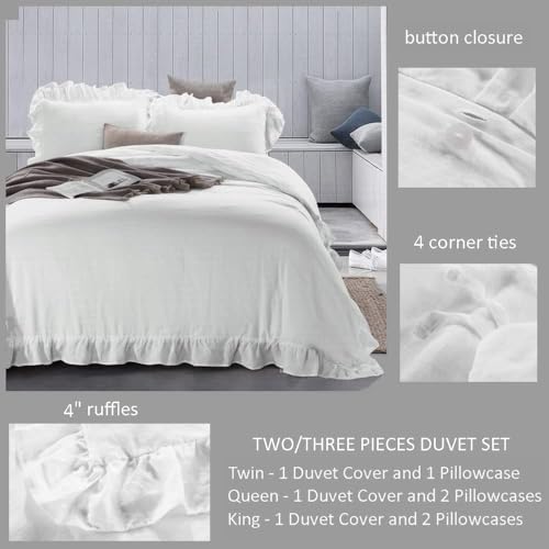 meadow park 100% Stone Washed French Linen Duvet Cover Set 3 Pieces - Super Soft, King Size 104 inches x 92 inches, Shams 20 inches x 36 inches, Ruffled Style - Button Closure - Corner Ties, White - Image 4