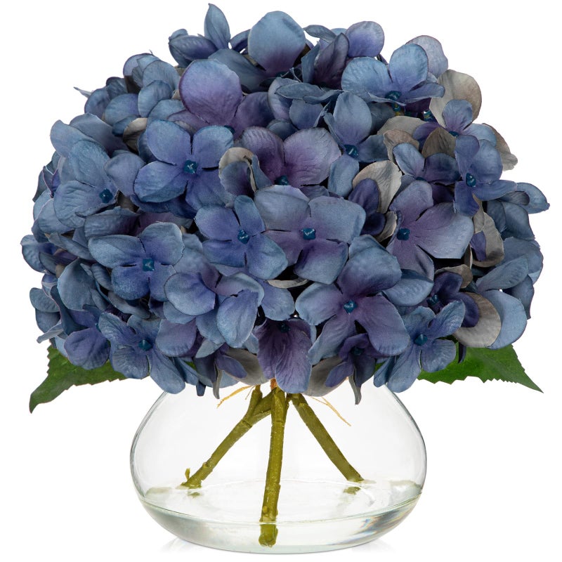 Hollyone Blue Hydrangea Fall Flowers Artificial for Decoration with Glass Vase Autumn Silk Faux Flower Arrangements with Fake Water Table Centerpiece Vase with Flowers Fall Decorations for Home - Image 1