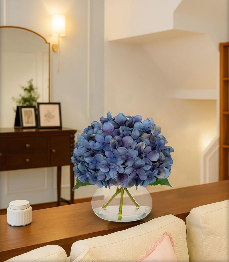 Hollyone Blue Hydrangea Fall Flowers Artificial for Decoration with Glass Vase Autumn Silk Faux Flower Arrangements with Fake Water Table Centerpiece Vase with Flowers Fall Decorations for Home - Image 5