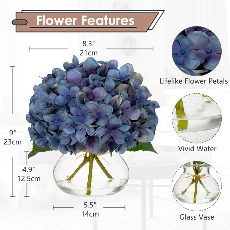Hollyone Blue Hydrangea Fall Flowers Artificial for Decoration with Glass Vase Autumn Silk Faux Flower Arrangements with Fake Water Table Centerpiece Vase with Flowers Fall Decorations for Home - Image 2