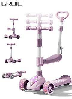 GROIC 3-in-1 Kids Folding Scooter with Music And Light, Flashing Wheels, Adjustable Push Bar & Seat & Handlebar, Widened Non-Slip Deck, 3 Wheel Kick Scooter for Boys Girls  - Image 1