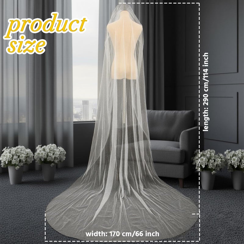 Funnysoft 114inch Cathedral Wedding Veil Sparkle Long Glitter Bridal Veil 1 Tier Tulle Chapel Hair Accessories with Comb for Women and Bride - Image 3
