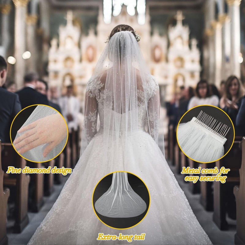 Funnysoft 114inch Cathedral Wedding Veil Sparkle Long Glitter Bridal Veil 1 Tier Tulle Chapel Hair Accessories with Comb for Women and Bride - Image 4