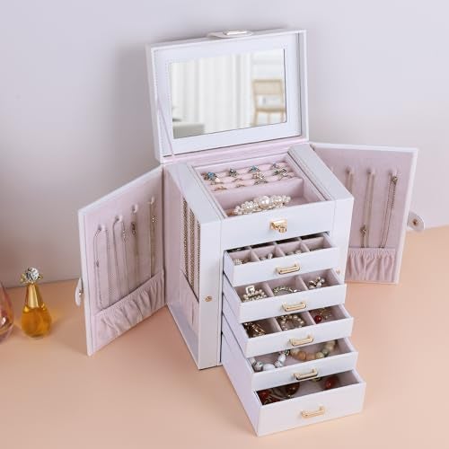 Kendal Jewelry Box, 6-Layer Jewelry Storage Organizer for Necklace Bracelet Rings Watch, 10.2"x8.2"x6" Classic PU Leather 5 Drawers Large Storage Capacity with Mirror - Image 5