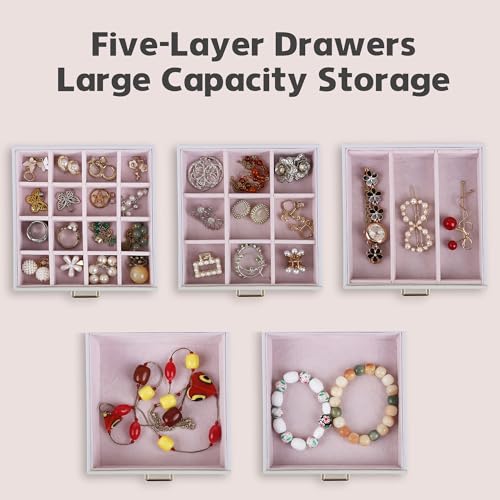 Kendal Jewelry Box, 6-Layer Jewelry Storage Organizer for Necklace Bracelet Rings Watch, 10.2"x8.2"x6" Classic PU Leather 5 Drawers Large Storage Capacity with Mirror - Image 3