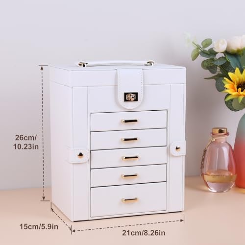 Kendal Jewelry Box, 6-Layer Jewelry Storage Organizer for Necklace Bracelet Rings Watch, 10.2"x8.2"x6" Classic PU Leather 5 Drawers Large Storage Capacity with Mirror - Image 2