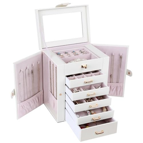 Kendal Jewelry Box, 6-Layer Jewelry Storage Organizer for Necklace Bracelet Rings Watch, 10.2"x8.2"x6" Classic PU Leather 5 Drawers Large Storage Capacity with Mirror - Image 1