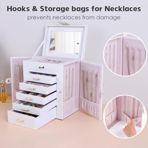 Kendal Jewelry Box, 6-Layer Jewelry Storage Organizer for Necklace Bracelet Rings Watch, 10.2"x8.2"x6" Classic PU Leather 5 Drawers Large Storage Capacity with Mirror - Image 4