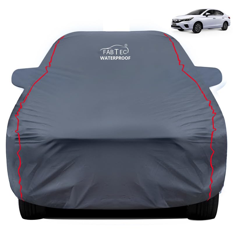 FABTEC غطاء سيارة مائي ممتاز لهوندا سيتي مع جيب للمرايا غطاء جسم سيارة مائي فائق التحمل متين بيفا رمادي مع حواف حمراء - Image 1