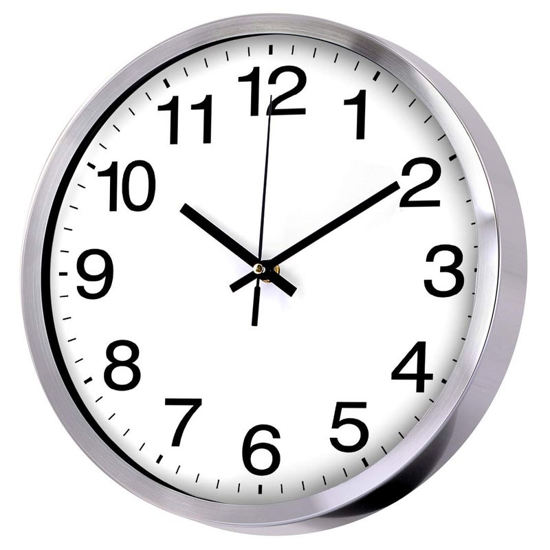 Wall Clock Metal Frame Glass Cover NonTicking Number Quartz Wall Clock 12inch Modern Quartz Design Decorative IndoorKitchen Silver