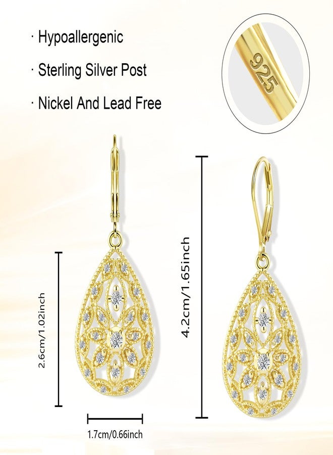 Lancharmed 925 Sterling Silver Teardrop Dangle Earrings for Women Cubic Zirconia Leverback Drop Dangle Earrings Jewelry Hypoallergenic Silver Teardrop Filigree Earring for Gifts, Brass, 1 - Image 5