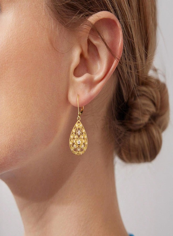 Lancharmed 925 Sterling Silver Teardrop Dangle Earrings for Women Cubic Zirconia Leverback Drop Dangle Earrings Jewelry Hypoallergenic Silver Teardrop Filigree Earring for Gifts, Brass, 1 - Image 2