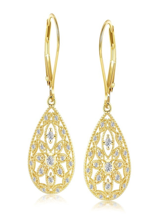 Lancharmed 925 Sterling Silver Teardrop Dangle Earrings for Women Cubic Zirconia Leverback Drop Dangle Earrings Jewelry Hypoallergenic Silver Teardrop Filigree Earring for Gifts, Brass, 1 - Image 1