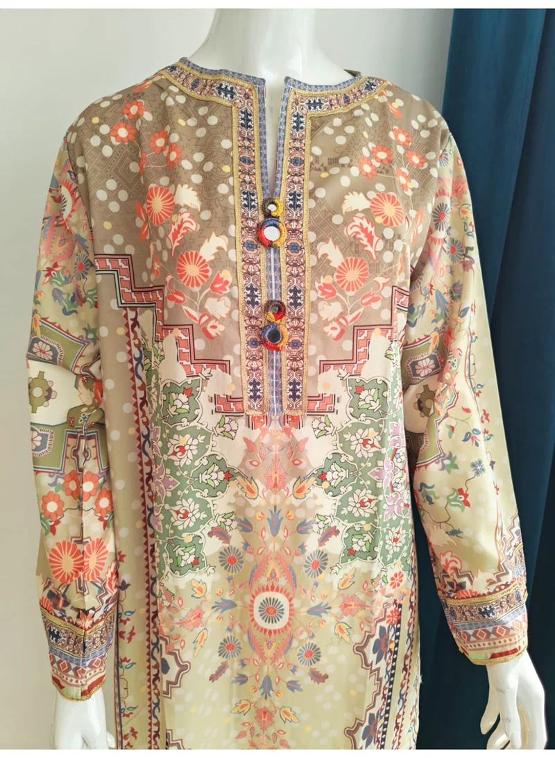 Bazm-A Fashion Atelier  Grey Patterned Kaftan - 1 Piece for Women | Best Price UAE