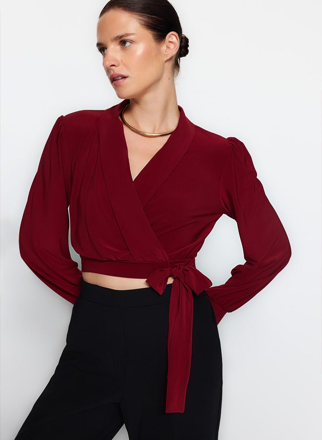 trendyol Burgundy Double Breasted Closure Crop Stretchy Knitted Blouse TWOAW24BZ00071 - Image 1