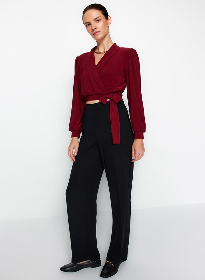 trendyol Burgundy Double Breasted Closure Crop Stretchy Knitted Blouse TWOAW24BZ00071 - Image 3