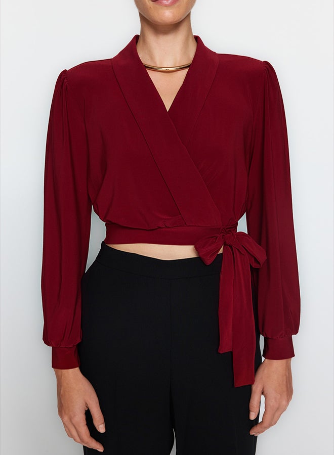 trendyol Burgundy Double Breasted Closure Crop Stretchy Knitted Blouse TWOAW24BZ00071 - Image 4