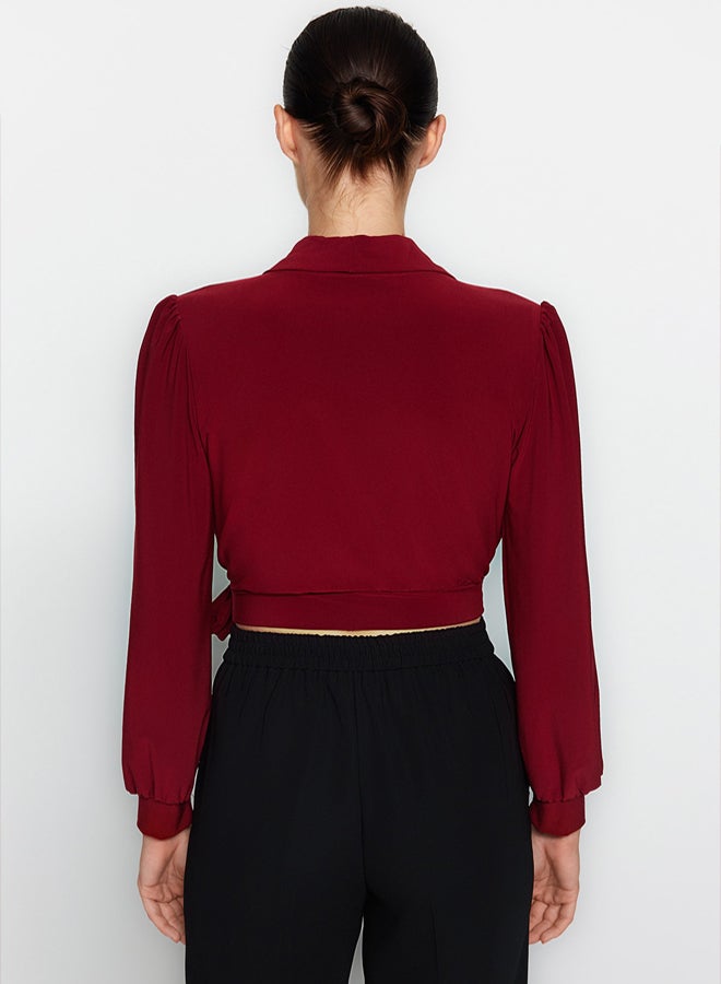trendyol Burgundy Double Breasted Closure Crop Stretchy Knitted Blouse TWOAW24BZ00071 - Image 5