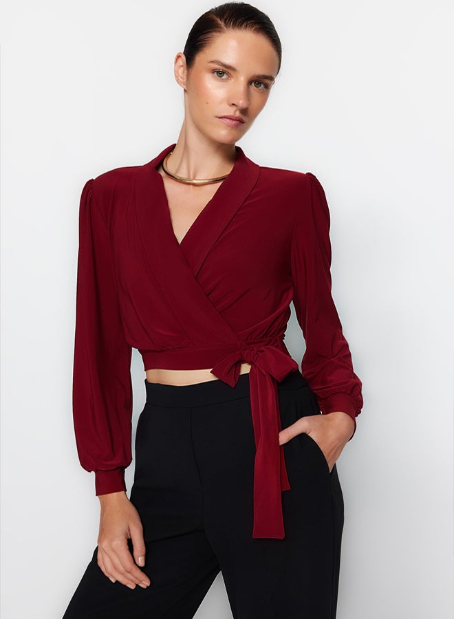 trendyol Burgundy Double Breasted Closure Crop Stretchy Knitted Blouse TWOAW24BZ00071 - Image 2