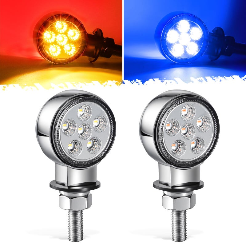 Partsam 2Pcs 1.8" Mini Round Double Face 10LEDs Marker Turn Signal Pedestal Light, Amber/Red To Blue Auxiliary Lights, T-Mount, Clear Lens, Aluminum Alloy Housing - Image 1