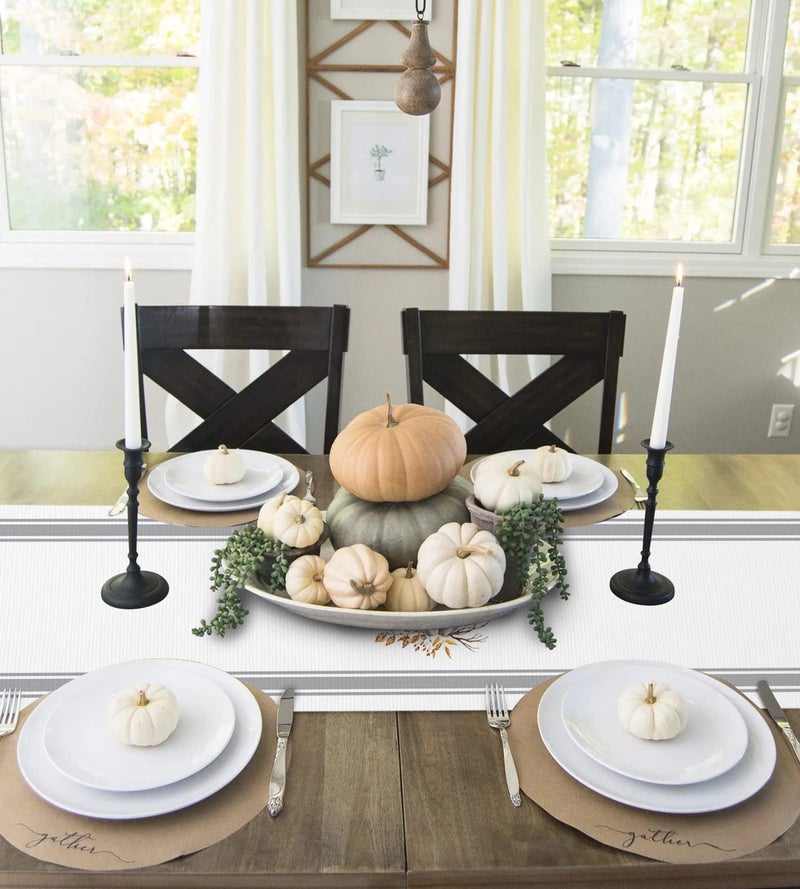 TweetyBed Fall Thanksgiving Table Runners 70 Inch Decorations White Pumpkin Leaf Branch Runners for Dining Tables Gray Stripes Autumn Dinner Runner Kitchen Parties Decor - Image 3