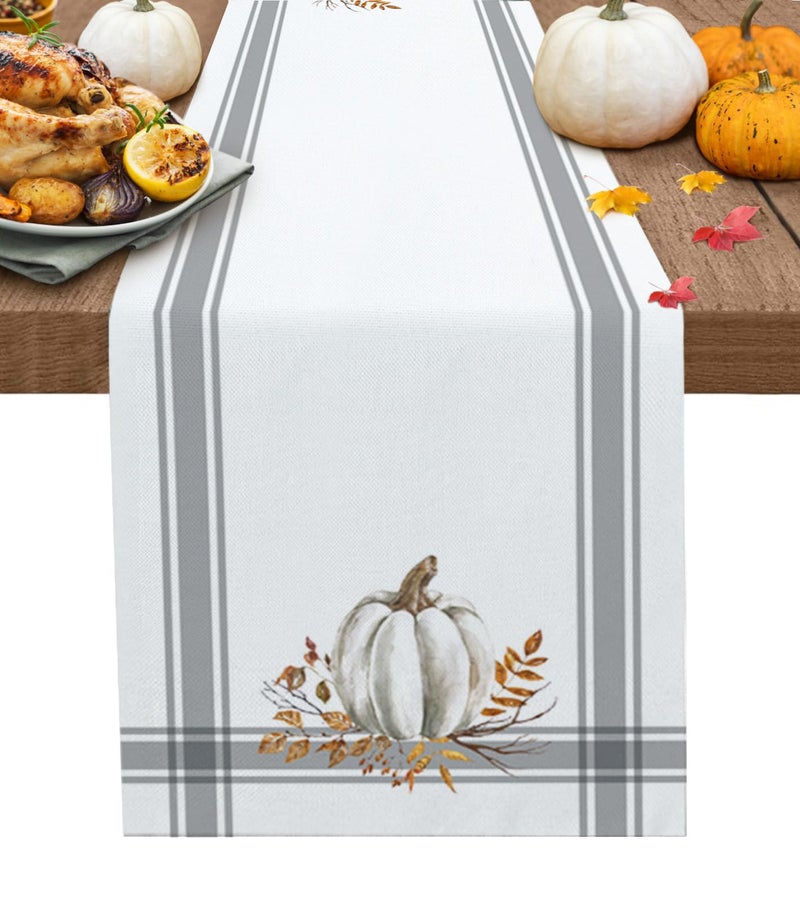 TweetyBed Fall Thanksgiving Table Runners 70 Inch Decorations White Pumpkin Leaf Branch Runners for Dining Tables Gray Stripes Autumn Dinner Runner Kitchen Parties Decor - Image 1