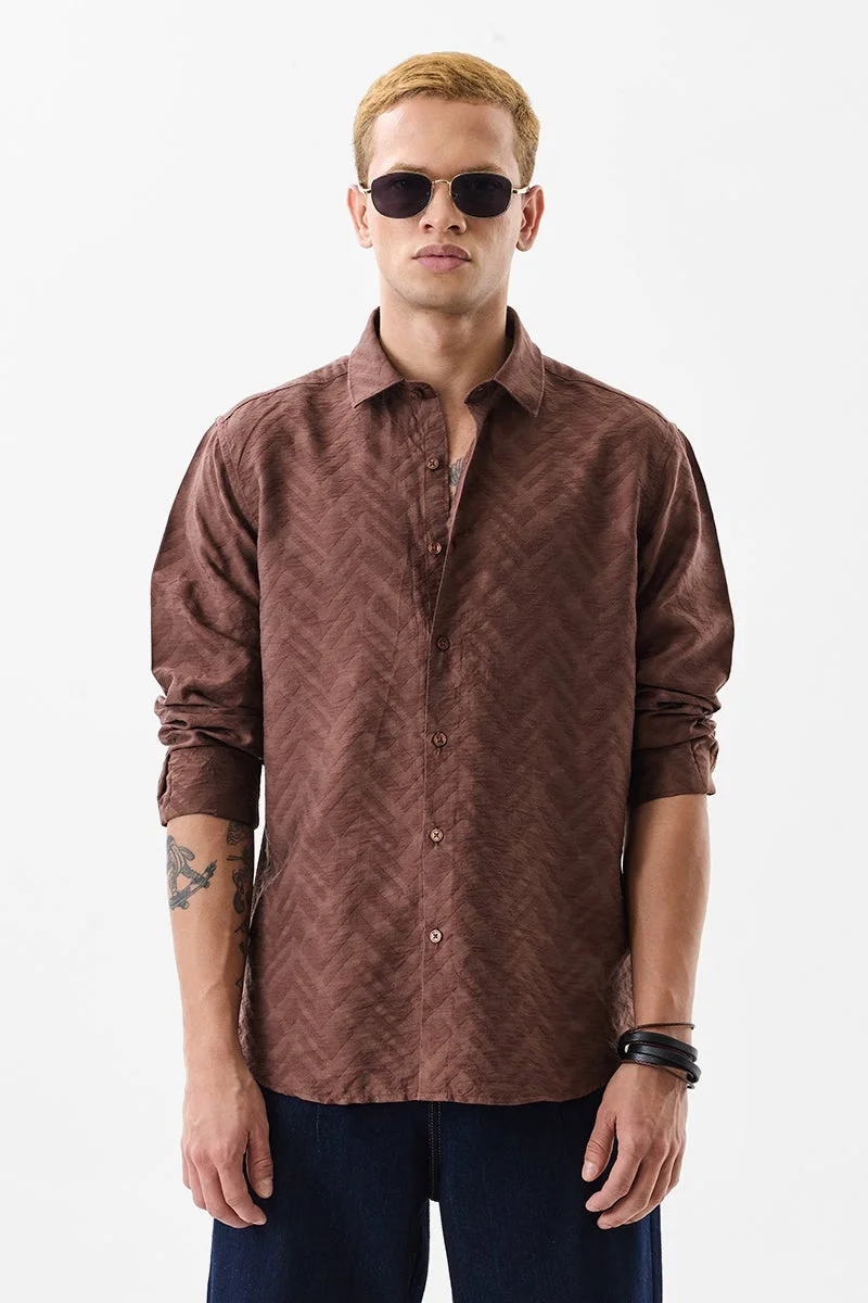 SNITCH Brown Textured Long Sleeve Regular Fit Luxe Shirt