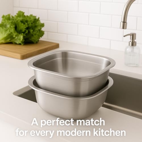 Alark 2-in-1 Stainless Steel Washing Up Bowl Set, Sturdy Square Dish Tub with Colander, Fruit Vegetable Washing Basin for Food Strainer Mixing Bowl Set Draining Rice and Pasta Spaghetti Colander - Image 4