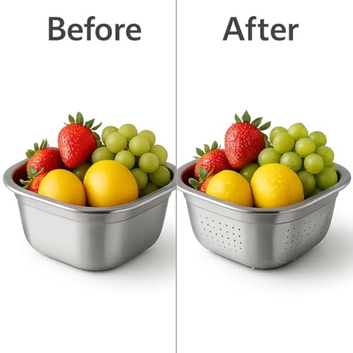 Alark 2-in-1 Stainless Steel Washing Up Bowl Set, Sturdy Square Dish Tub with Colander, Fruit Vegetable Washing Basin for Food Strainer Mixing Bowl Set Draining Rice and Pasta Spaghetti Colander - Image 2