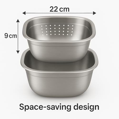 Alark 2-in-1 Stainless Steel Washing Up Bowl Set, Sturdy Square Dish Tub with Colander, Fruit Vegetable Washing Basin for Food Strainer Mixing Bowl Set Draining Rice and Pasta Spaghetti Colander - Image 3