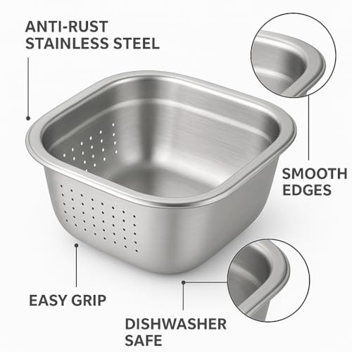 Alark 2-in-1 Stainless Steel Washing Up Bowl Set, Sturdy Square Dish Tub with Colander, Fruit Vegetable Washing Basin for Food Strainer Mixing Bowl Set Draining Rice and Pasta Spaghetti Colander - Image 5