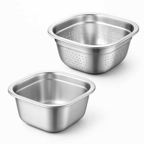 Alark 2-in-1 Stainless Steel Washing Up Bowl Set, Sturdy Square Dish Tub with Colander, Fruit Vegetable Washing Basin for Food Strainer Mixing Bowl Set Draining Rice and Pasta Spaghetti Colander - Image 1