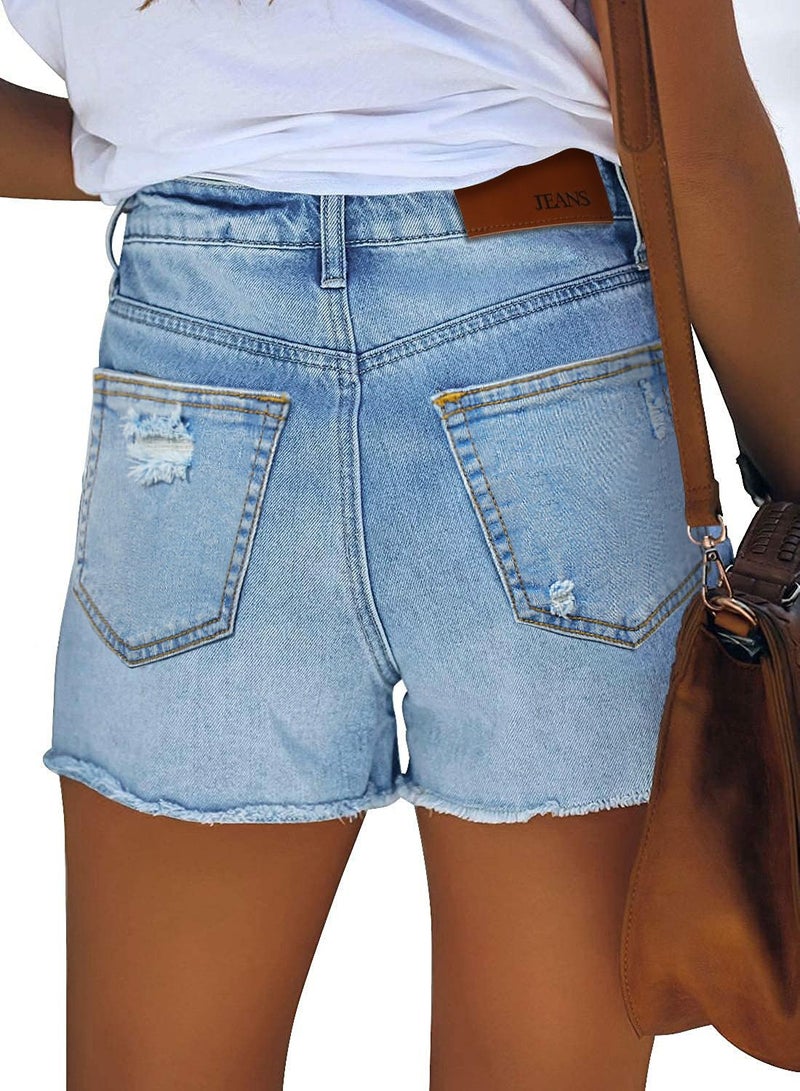 CHICZONE High Waisted Denim Shorts for Women Stretchy Frayed Ripped Distressed Jean Shorts Light Blue L - Image 3