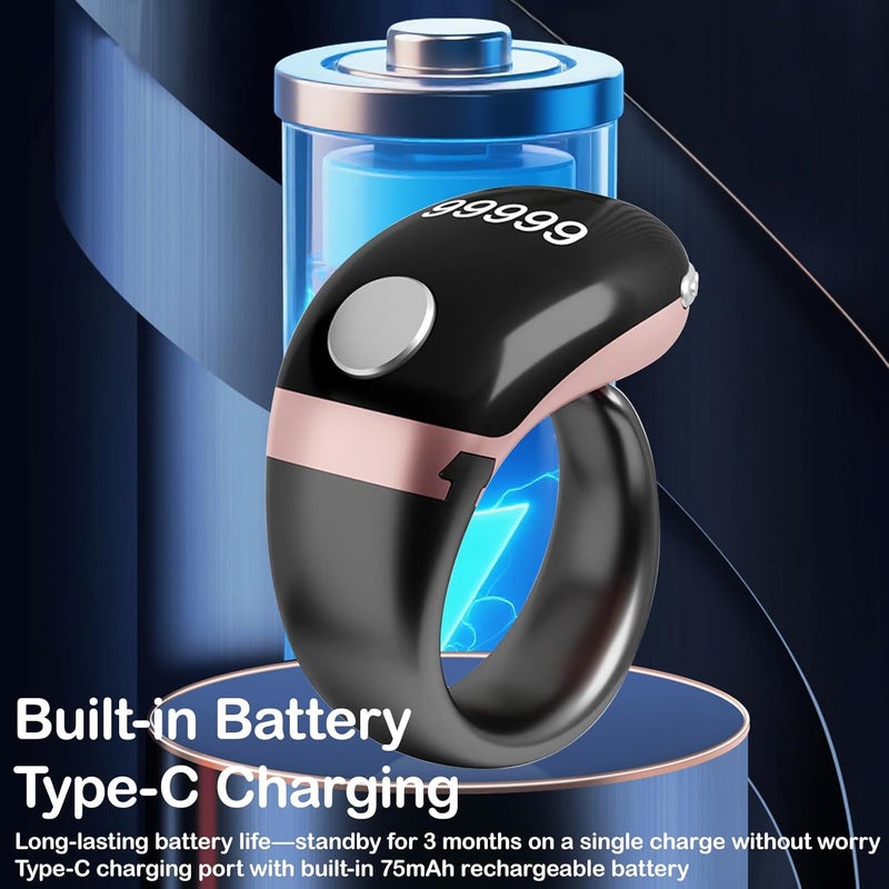 كيوايو خاتم التسبيح الذكي، مقاس قابل للتعديل (18/20/22 مم)، شاشة OLED، شحن من نوع USB-C، زجاج، زركون - Image 3