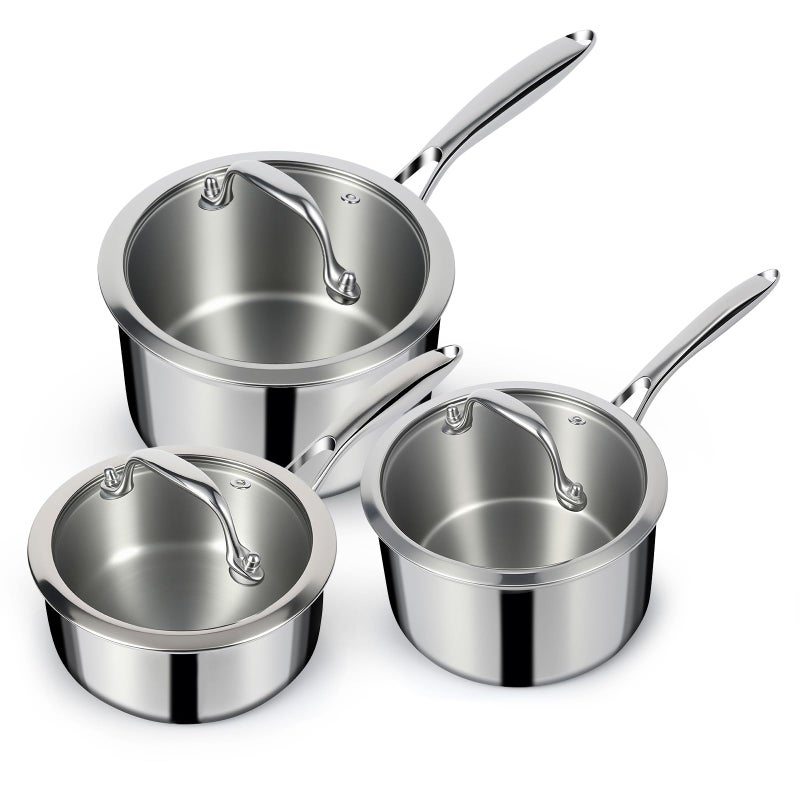 EWFEN 3 Ply Stainless Steel Sauce Pan Set with Lids, 1 & 2 & 3 Quart Multipurpose Cooking Pot, Stay-Cool Handle, Induction Oven Dishwasher Safe, 1QT & 2QT & 3QT - Image 1